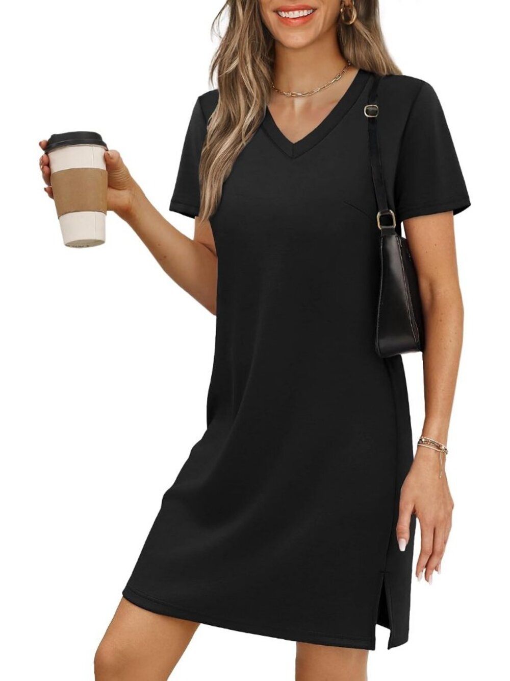 Women Black Polyester Blend Short Sleeve V Neck Pull On Casual Mini Dress